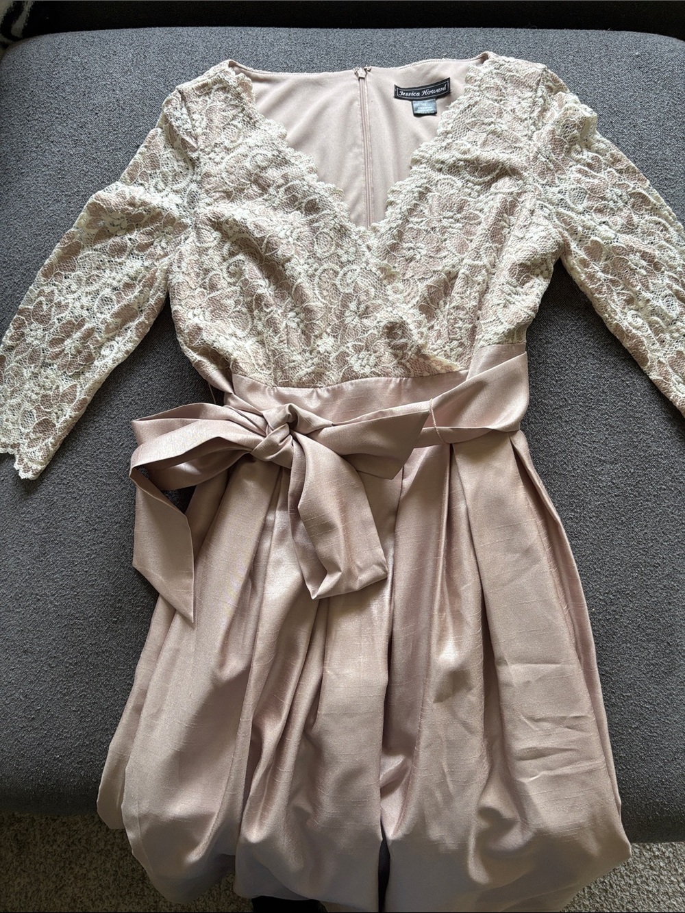 Adrianna Papell Dusty Blush Lace Wrap Dress with Bow Waist